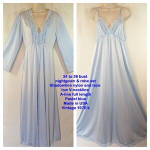 34/36 bust VTG nightgown & robe set, Shadowline nylon and lace low V-neck A-line